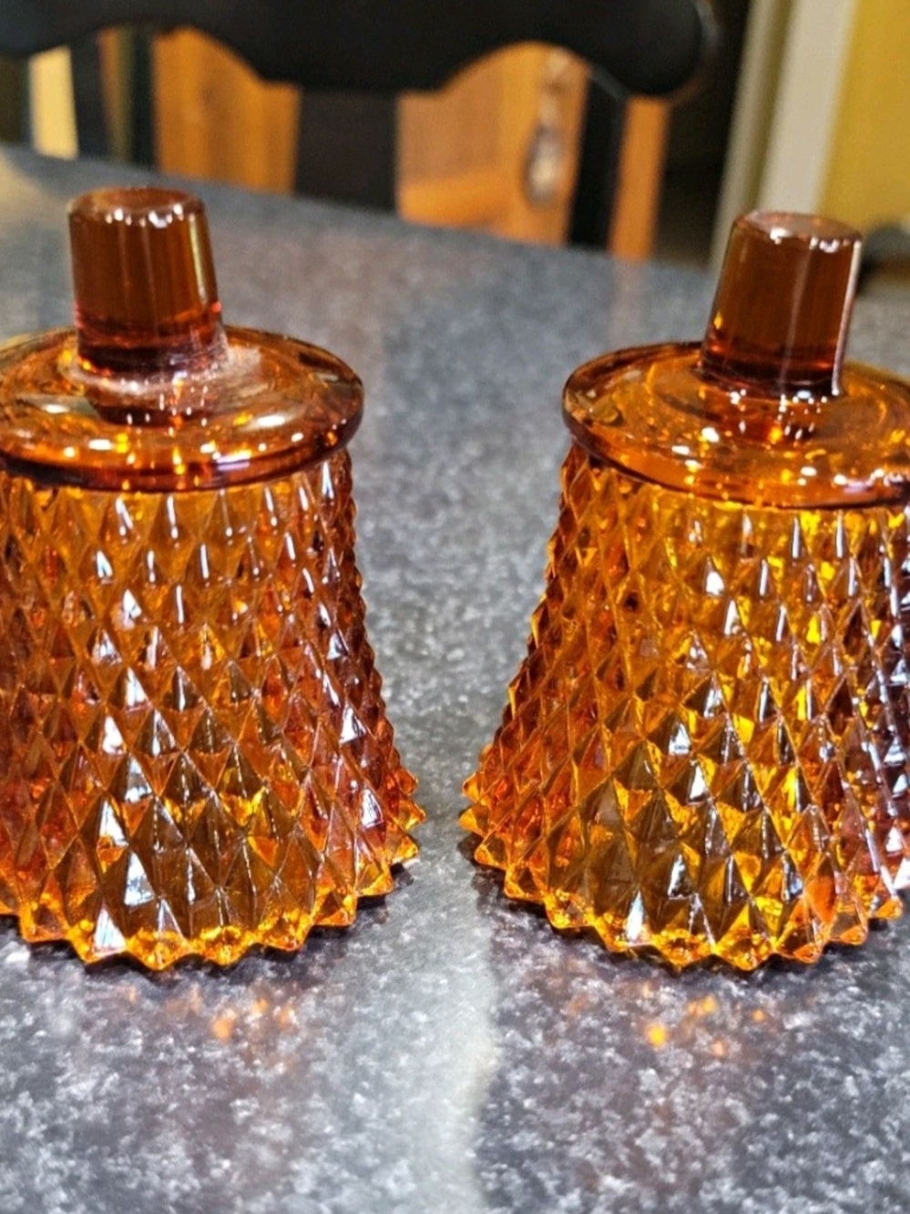 Vintage amber glass peg votive candle holders Homco set of 2 Diamond Point